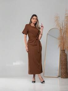Long Dress With Short Sleeves With Belt Formal And Evening V775 - Rust Brown - View 3