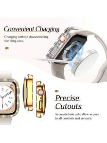 1pc Unisex Shiny Rhinestone Decorated Fashionable Scratch-Resistant Ultra-Thin Tempered Glass Screen Protector & Watch Case, Compatible With 38/40/41/42/44/45/46/49mm Series Ultra/SE/11/10/9/8/7/6/5/4/3/2/1, Smart Watch Accessory - Gold - View 5