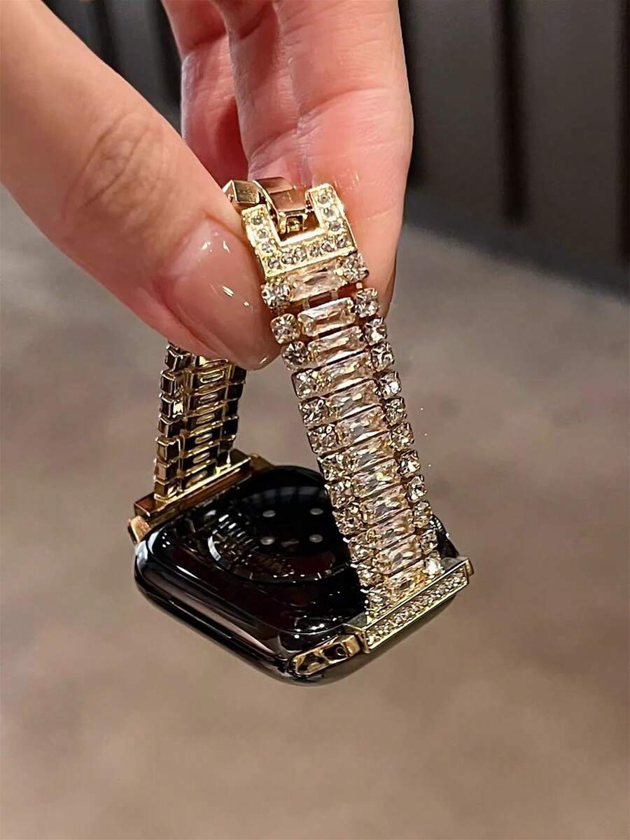Luxury Diamond-Shaped And Wheat-Shaped Stainless Steel Watch Band Compatible With Series Ultra2/Ultra/11/10/9/8/7/6/5/4/3/2/1/SE - Gold - View 1