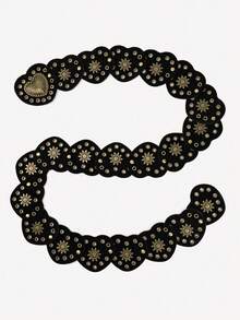 1 件西部牛仔波西米亚乡村风格腰带，朋克拼接皮革腰带配镂空花卉扣，黑色心形装饰腰带，适合日常通勤、郊游、聚会、节日派对、圣诞派对、送给自己、朋友、家人、女朋友、母亲、情人节的礼物 - 黑色圓餅愛心 - 查看 4