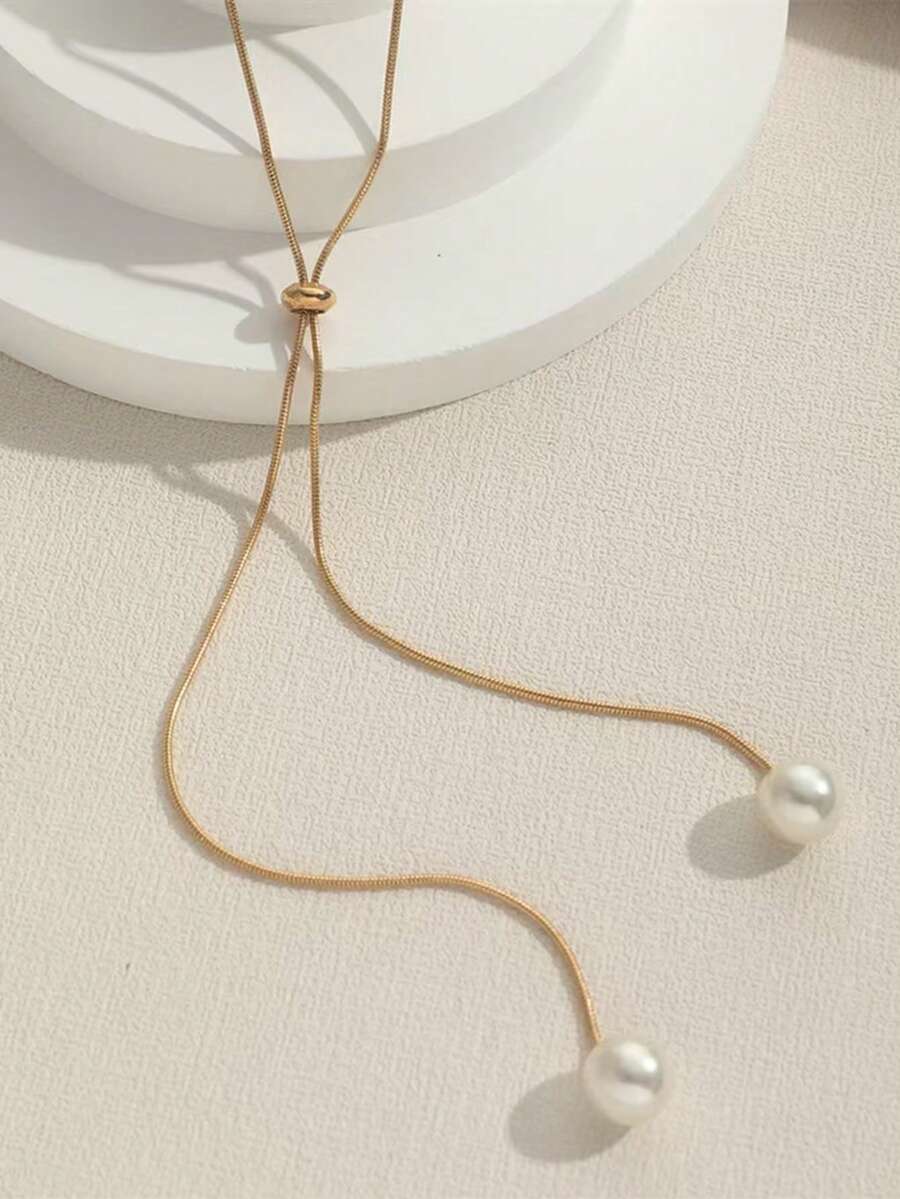 1pc Stainless Steel Minimalist Pearl Adjustable Long Necklace, Unique Design Dainty Pearl Choker Necklace - Gold - View 1