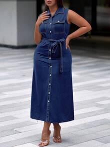 女士无袖水洗牛仔中长连衣裙，修身单排扣设计，配腰带，休闲纯色连衣裙，春季款 - 深色水洗藍 - 查看 2