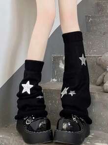 1 Pair Y2K Academy Style Stripe Women's Knitted Leg Cover-Black Long Calf Knitted Set Star Leg Set Hot Girl Piled , Cozy