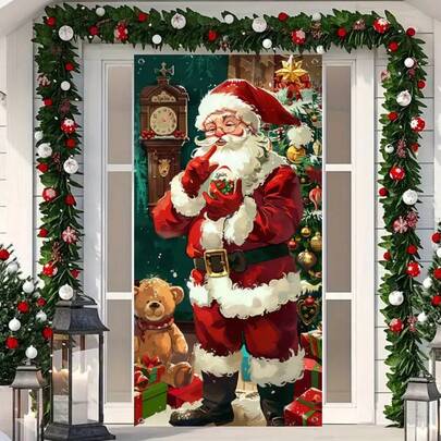 圣诞油画风格圣诞老人送礼物圣诞树可爱熊图案门框装饰横幅易于悬挂金属扣适用于圣诞节、生日和晚宴门装饰道具涤纶材料