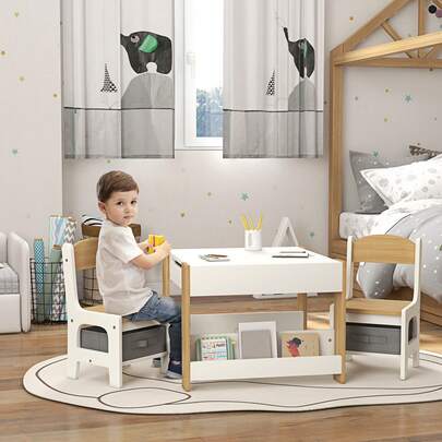  HOMCOM 3 Piece Kids Table And Chair Set, 3 In 1 Design Kids Desk And Chair Set With Blackboard, Storage, Bookshelves, For Nursery, Playroom, Classroom - Natural Wood