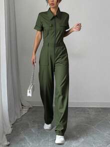 Nuevos pantalones de trabajo para mujer para el otoño y el invierno, para una elegancia informal en el día a día. Mujer jumpsuit estilo moderno con cierre, ajuste holgado, cuello tipo camisa, manga corta, primavera-verano, ideal para uso diario, categoría de moda. - Verde - Ver 4