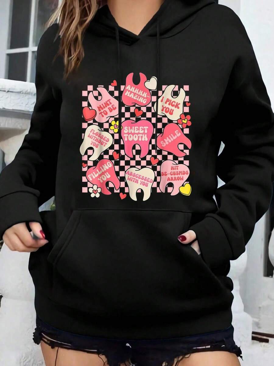 Dental Valentine's Day Cute Teeth Hugging Heart Dentist Hooded SweatshirtFashion Printing Tshirt Unisex Classic Hoodie, Cozy Long Sleeve, Everyday Layering Clothes - Black - View 1