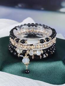 4pcs Bohemian Fashion Personalized Versatile Multi-Layer Stretch Bracelet, Creative Crystal Butterfly Pearl Beads Bracelet For Women, Birthday Party Gift - Coffee - View 8