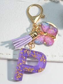 1pc Resin Starry Sky Epoxy English Letter Keychain With Tassel & Fluffy Pom Pom Decor, Gift For Friends & Mothers, Heart Pendant Christmas - Purple - View 25