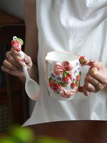 1 Pieza Taza de cerámica hecha a mano con relieve en forma de lazo, taza de café o té de la tarde para el hogar con cuchara, regalo exquisito de cumpleaños para la novia, regalo exquisito de Navidad y Año Nuevo