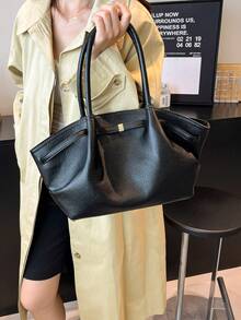 Dedoo حقيبة يد مزيفة من الجلد المدبوغ قطعة واحدة، سعة كبيرة ذات لون أحادي أنيقة وراقية، حقيبة عمل بطراز رجعي، مناسبة للفتيات والنساء وطلاب الجامعة والموظفين - الأسود - مشاهدة 3