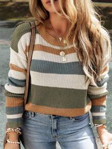 Women's Casual Contrast Stripe Dropped Shoulder Long Sleeve Sweater - Multicolor - View 3