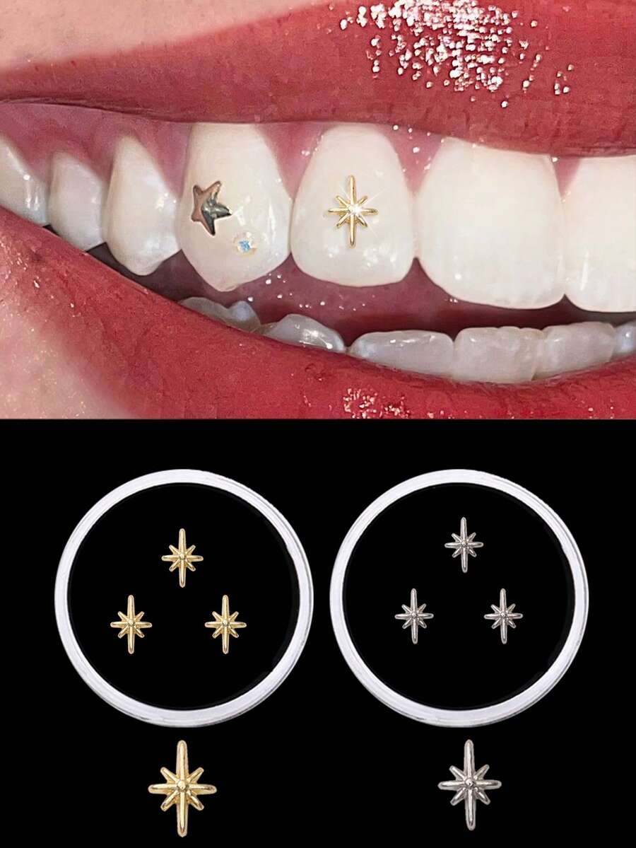 novani 3pcs/Box Star Tooth Gems Metal Tooth Jewelry Y2k Hip Hop Tooth Jewelry(Gold/Silver)