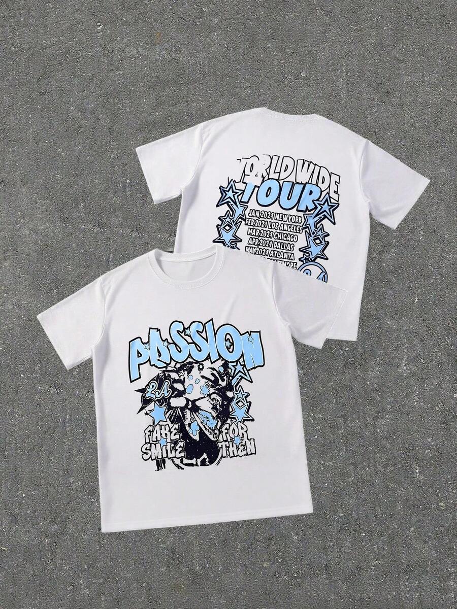 Men's Letter & Star Graphic Loose Round Neck Short Sleeve T-Shirt, World Tour T-Shirt-Premium Cotton Graphic Printed Round Neck T-Shirts - 藍色 - 查看 1