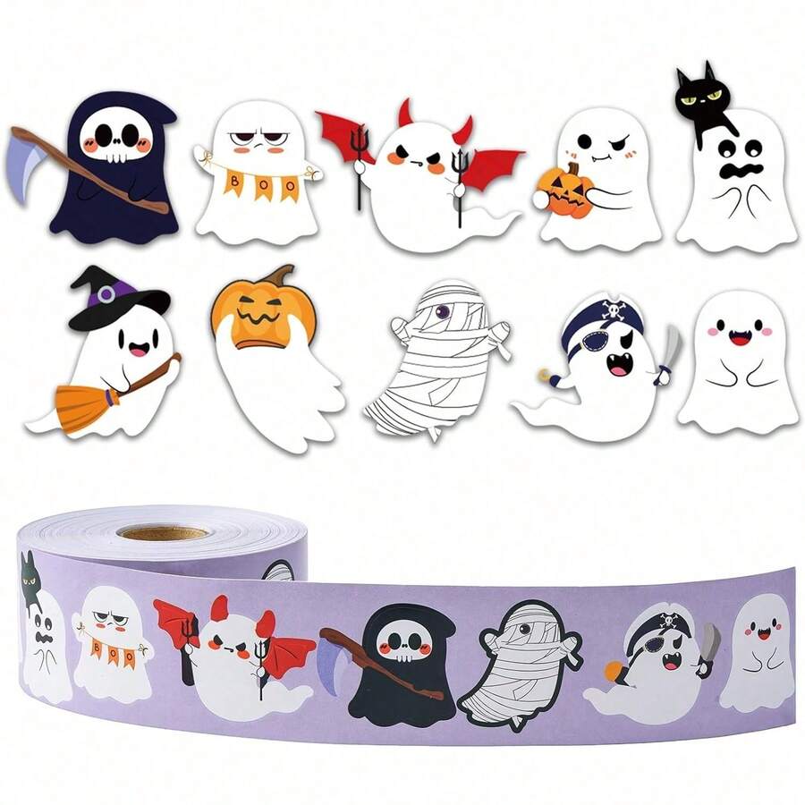 500 PCS Cute Halloween Ghost Stickers - 10 Designs Bulk Round Adhesive Stickers For Party Favor Decor