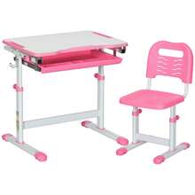 HOMCOM Kids Desk And Chair Set, Height Adjustable Student Writing Desk, Children School Study Table With Tiltable Desktop, Drawer, Pen Slot, Hook - Pink - Pink - View 2