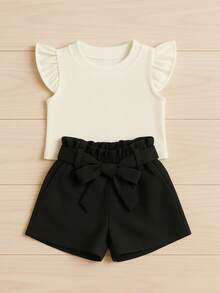 Children's Set Cropped Frufru Blouse + Linen Clochard Shorts Kit With 2 Super Stylish Pieces CJI033 - Hitam dan Mati - View 2
