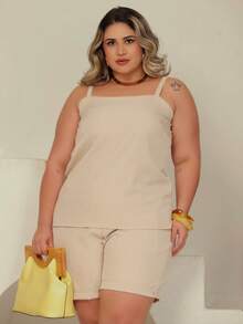Conjunto Feminino Plus Size Elegante Regata e Short de Alfaiataria Premium - Creme - Visão 2