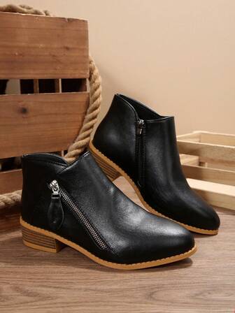 Damstövlar med grov klack, korta stövlar med låg klack och dragkedja i sidan, enfärgade spetsig tå för damer, lämpliga för semestrar, semestrar och resor, klassiska mångsidiga damstövlar