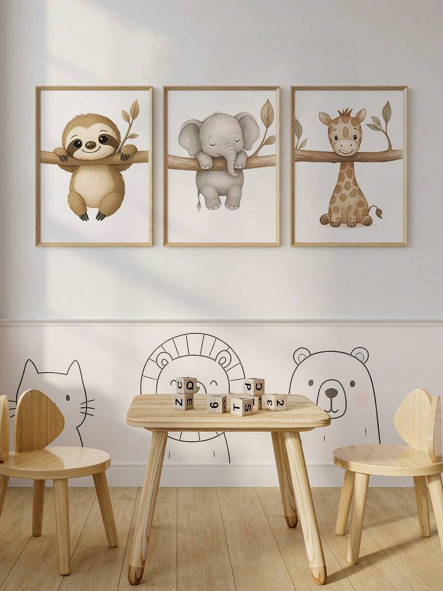 3 Peças Impressões de Arte de Animais Preguiça, Elefante, Girafa Pôster Decoração de Parede para Berçário, Quarto de Criança, Quarto Infantil Sem Moldura - Caqui - Visão 1