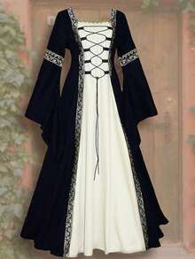 European And American Square Collar Tied Waist Dress, Medieval Renaissance Dress, Halloween Costume - 黑色 - 查看 14