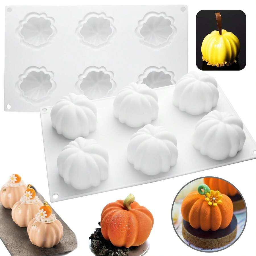 万圣节南瓜硅胶慕斯蛋糕模具，3D烘焙甜点模具，适用于巧克力、布丁、果冻、芝士蛋糕、糕点（6腔）