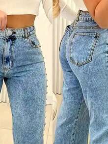 Chicsale Women's High-Waisted Straight Leg Denim Jeans With Pockets And Beaded Detail - Non-Stretch Washed Denim For A Stylish Look - 中等水洗藍 - 查看 5