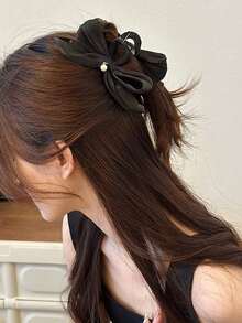 1pc Women's Black Bow Faux Pearl Large Sweet Hair Claw Clip For Updo Hair Accessories Fashion Hair Clips Autumn Hair Clutch Fall Fashion Hair Claw Winter For Vacation Outfits Woman