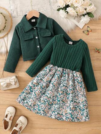 Ensemble 2 pièces décontracté pour fille : cardigan boutonné à manches longues et col en velours côtelé uni + haut à manches longues et col rond, imprimé floral et ourlet à volants. à la mode et élégant, idéal pour les fêtes, les spectacles et les cadeaux.