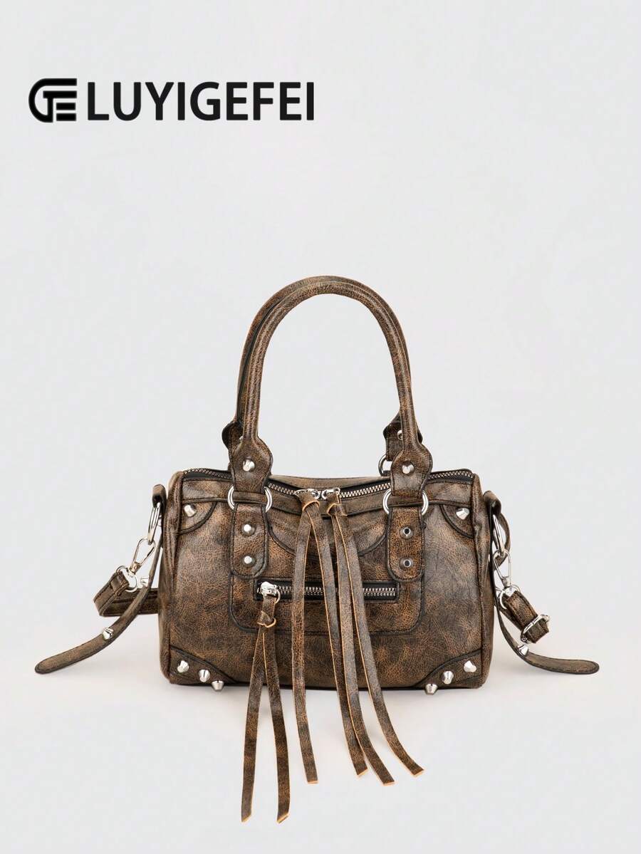1 chiếc túi xách kiểu cổ điển màu nâu cà phê sần sùi, phối nhiều mảnh vải, đính đinh tán kim loại, khóa kéo trang trí, chất liệu PU, có vòng trang trí, quai xách đôi đính đinh tán, dây đeo vai dài có thể điều chỉnh, khóa kéo, thời trang retro ngọt ngào sang trọng kiểu túi xe máy phong cách Y2K Punk dành cho nữ, túi đeo chéo nữ phong cách giản dị nhưng sang trọng, phù hợp cho sử dụng hàng ngày, du lịch, mua sắm, v.v. - Cà phê nâu - Xem 1