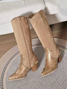 VIKIVIKI SHOES Women's Tall Cowboy Boots, Long Shaft, Elegant Design, Fine Toe, Wide Heel, Durable Sole, Comfortable For Casual Wear Or Special Events. Estimated Delivery: 1-3 Business Days (Peninsula). - 駝色 - 查看 3