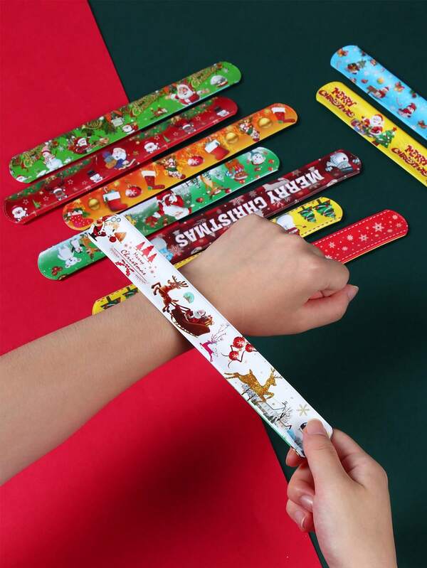 12 Stücke Weihnachts-Slap-Armband aus Kunststoff, Weihnachtsparty-Geschenke, fröhliche Weihnachts-Slap-Armbänder mit Hirsch, Weihnachtsmann, Schneemann, Weihnachtsbaum-Design, Weihnachtsmann-Kreis, handgefertigt, Weihnachtsdekoration für Zuhause, Weihnachtsparty-Zubehör, Winterdekoration, Neujahrsparty-Deko, ideale kleine Weihnachtsgeschenke für Familie und Freunde