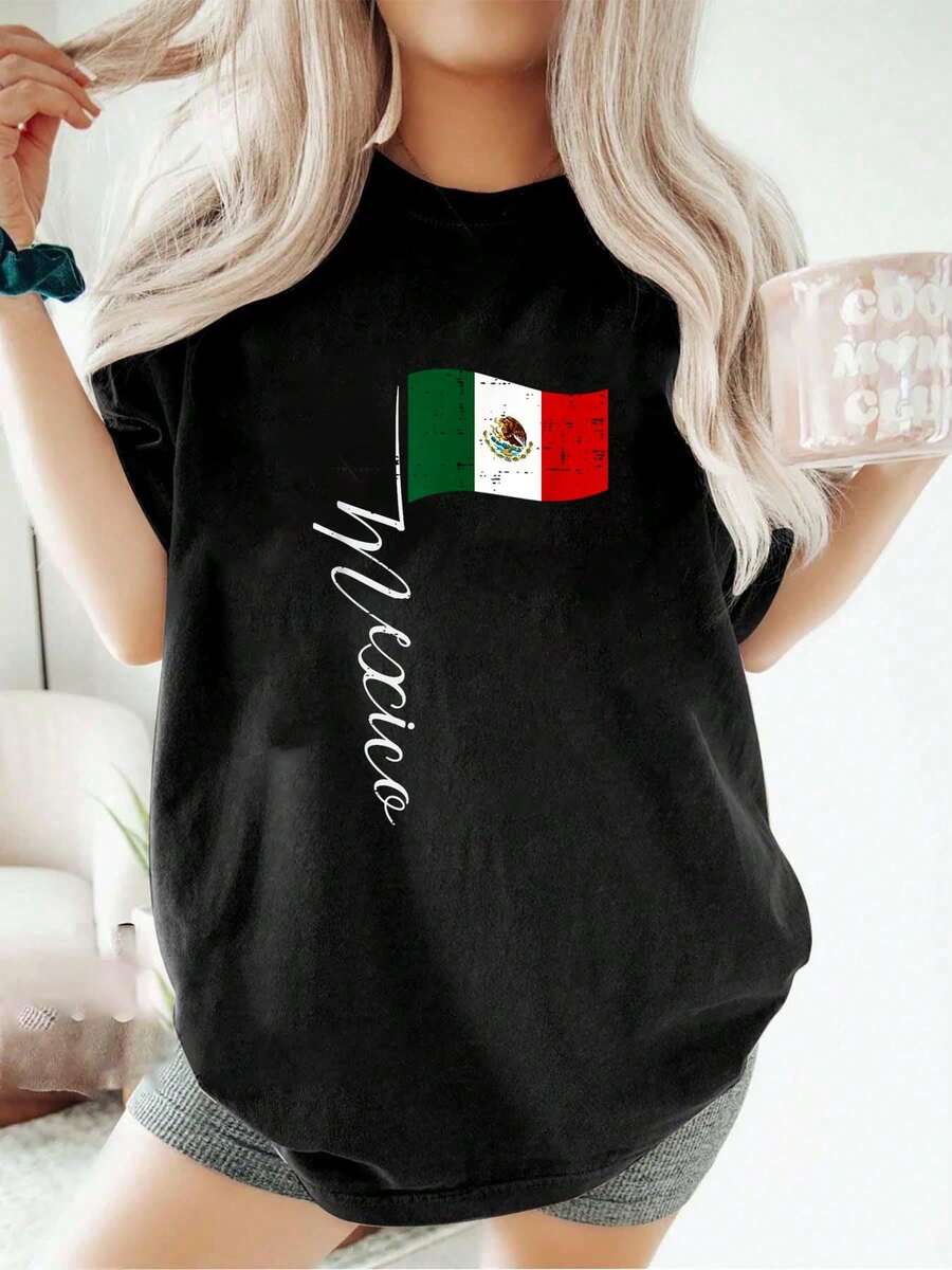 100% Algodón Día de la Independencia de México Bandera de México Camiseta Vintage para Mujeres y Hombres camiseta gráfica para mujeres - Negro - Ver 1