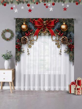 1 件圣诞装饰薄纱窗帘，圣诞气球雪花圣诞树圣诞球圣诞印花薄纱窗帘，杆袋印花窗帘窗装饰适用于卧室、办公室、厨房、客厅、家居装饰、圣诞节假期，半透明红色圣诞球印花