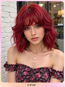 Modische und verspielte weinrote 14-Zoll-Kurzhaar-Bob-Perücke aus hitzebeständigem synthetischem Material für Frauen, für Cosplay, Y2K, Festivals, Geschenke, Halloween-Kostüme