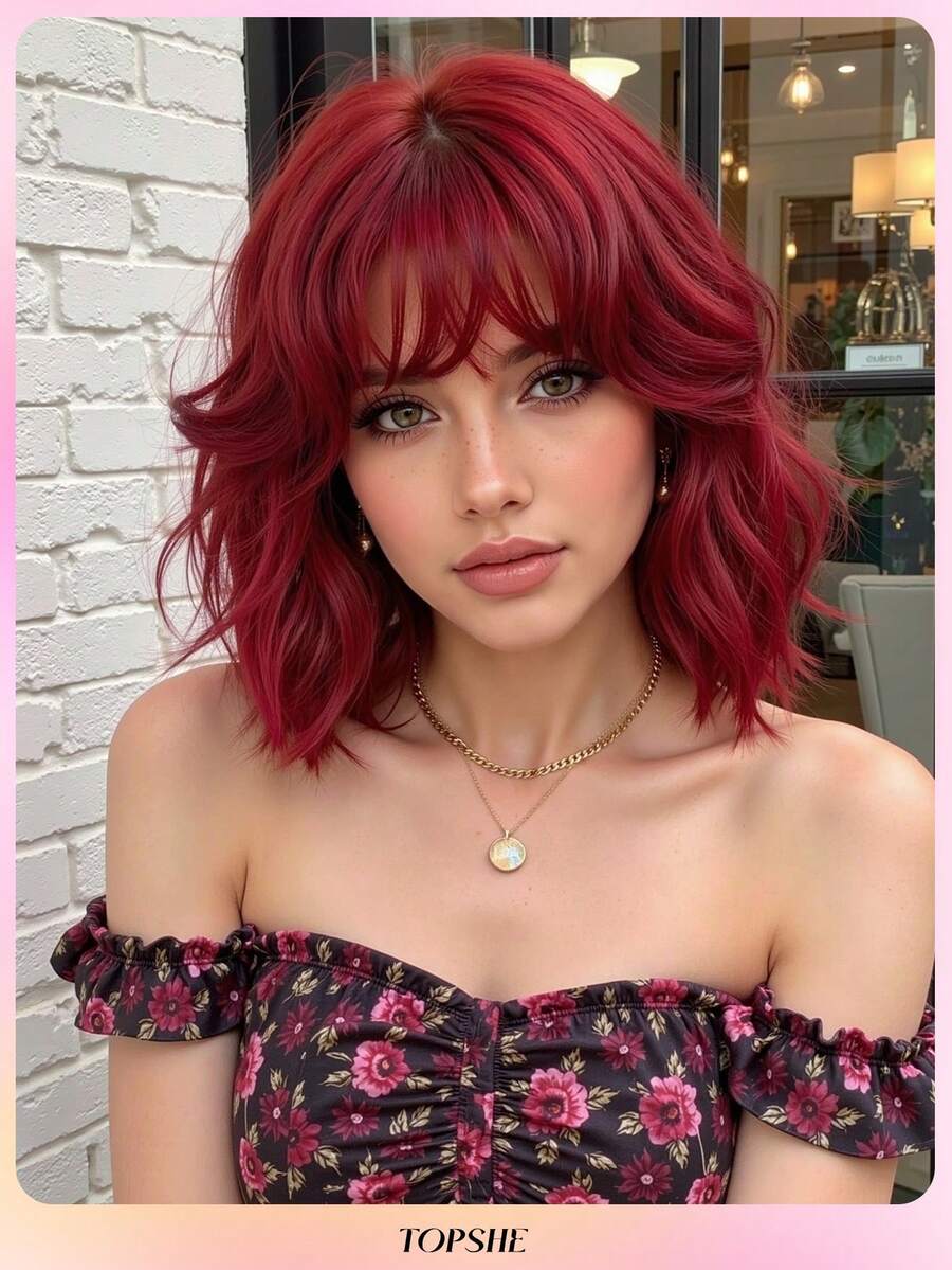 Modische und verspielte weinrote 14-Zoll-Kurzhaar-Bob-Perücke aus hitzebeständigem synthetischem Material für Frauen, für Cosplay, Y2K, Festivals, Geschenke, Halloween-Kostüme