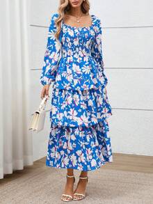 Women's Fall Floral Maxi Dresses Casual Long Sleeve Square Neck Flowy Tiered Layer Ruffle Boho Dress Vacation Holiday Wedding Guest Cocktail Outfits Clothes - 藍色白色花 - 查看 1