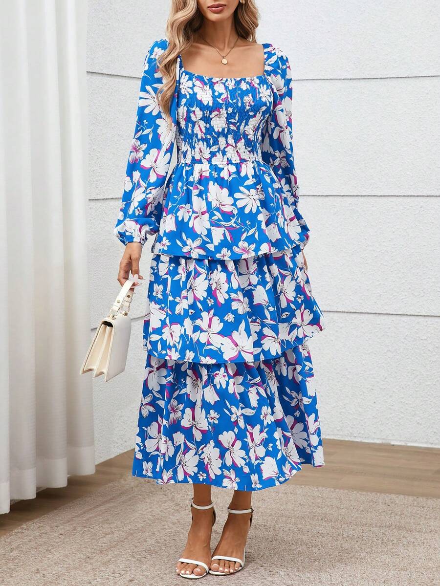 Women's Fall Floral Maxi Dresses Casual Long Sleeve Square Neck Flowy Tiered Layer Ruffle Boho Dress Vacation Holiday Wedding Guest Cocktail Outfits Clothes - 藍色白色花 - 查看 1