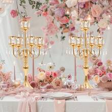 1pc/2pc Gold 5 Arm Pendant Square Crystal Table Decor 22 Inch Candle Holder, Classic And Elegant Table Centerpiece Atmosphere Candle Holders For Gift Wedding Party Home Decor,Halloween, Christmas Decorations - Gold - View 8