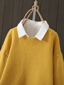 Suéter de cuello redondo de unicolor y manga corta, talla grande, para otoño/invierno