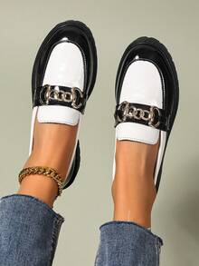 Women's Chain Decor Platform Slip-On Loafers, Casual Pointed Toe Colorblock Flats For Spring Autumn, Elegant Everyday Wear - Black and White Chain - View 6