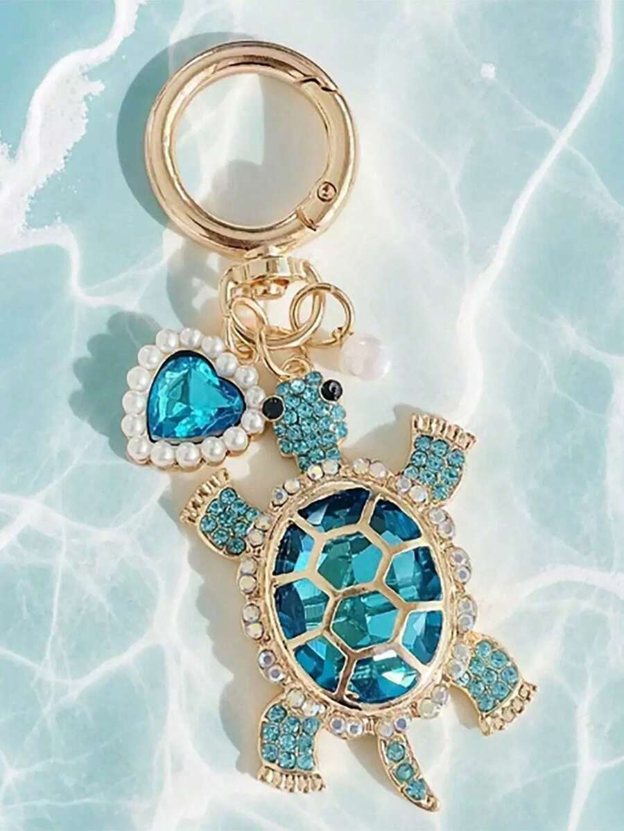 1pc Creative Cute Rhinestone Ocean Turtle Keychain, Alloy Crystal Animal Keyring, Car Bag Pendant, Exquisite Gift For Graduation, Back To School, Birthday - Multicolor - View 1