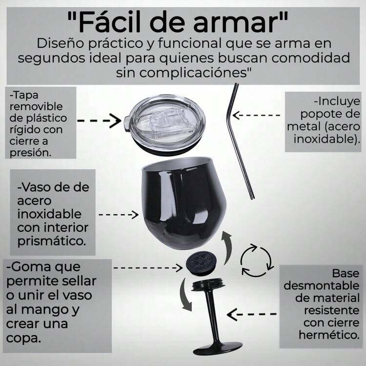 Copa para vino/coctel/jugo/Champán de acero inoxidable armable, FAB-18, Copa, Copa con tapa y popote, vaso de acero inoxidable portátil, Copa para café, Bebidas, Champán, Cócteles, Vaso/taza/Copa aislante de colores variados, capacidad 14 Oz/410 ml. - Negro - Añade 4