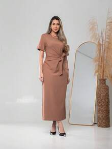 Long Dress With Short Sleeves With Belt Formal And Evening V775 - Marrón Mocha - Ver 5