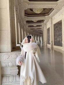 1pc Solid Color Scarf, Winter Warm Neck, Thickened Wool Knitted Thick Fringed Shawl, Can Be Worn