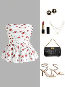 女士花卉印花修身短款吊带背心，荷叶边腰部，甜美而火辣的风格 - 白色 - 查看 1