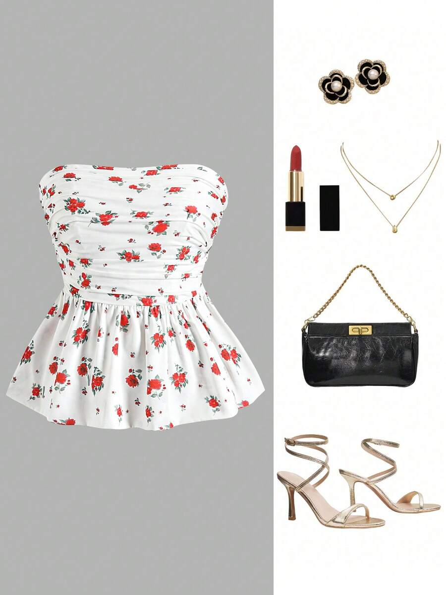 女士花卉印花修身短款吊带背心，荷叶边腰部，甜美而火辣的风格 - 白色 - 查看 1