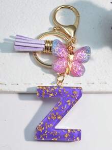 1pc Resin Starry Sky Epoxy English Letter Keychain With Tassel & Fluffy Pom Pom Decor, Gift For Friends & Mothers, Heart Pendant Christmas - Purple - View 20