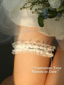 Satin Lace Wedding Garter, Customizable Name Date Letter Embroidery, Faux Pearl Double Layer Adjustable Plus Size Garter, Wedding Keepsake - Multicolor - View 12