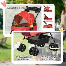 PawHut Pet Stroller Foldable Travel Carriage W/ Brake Basket Canopy, Red - Red - View 6